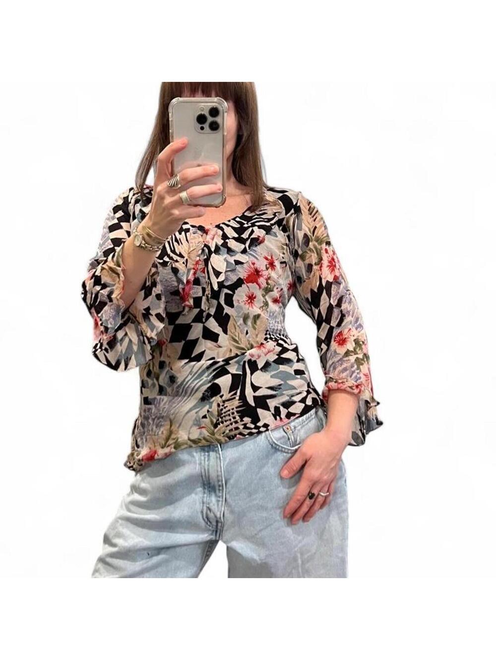 Vintage Y2K Sheer Mesh Floral Abstract Ruffle Top Fairy Grunge Boho Medium